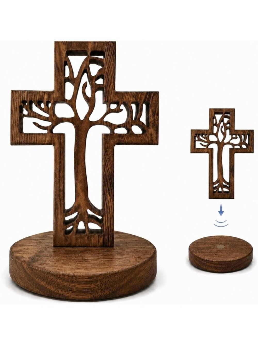 Rustic 8" Tree of Life Wooden Cross Decor - Freestanding or Wall Hanging